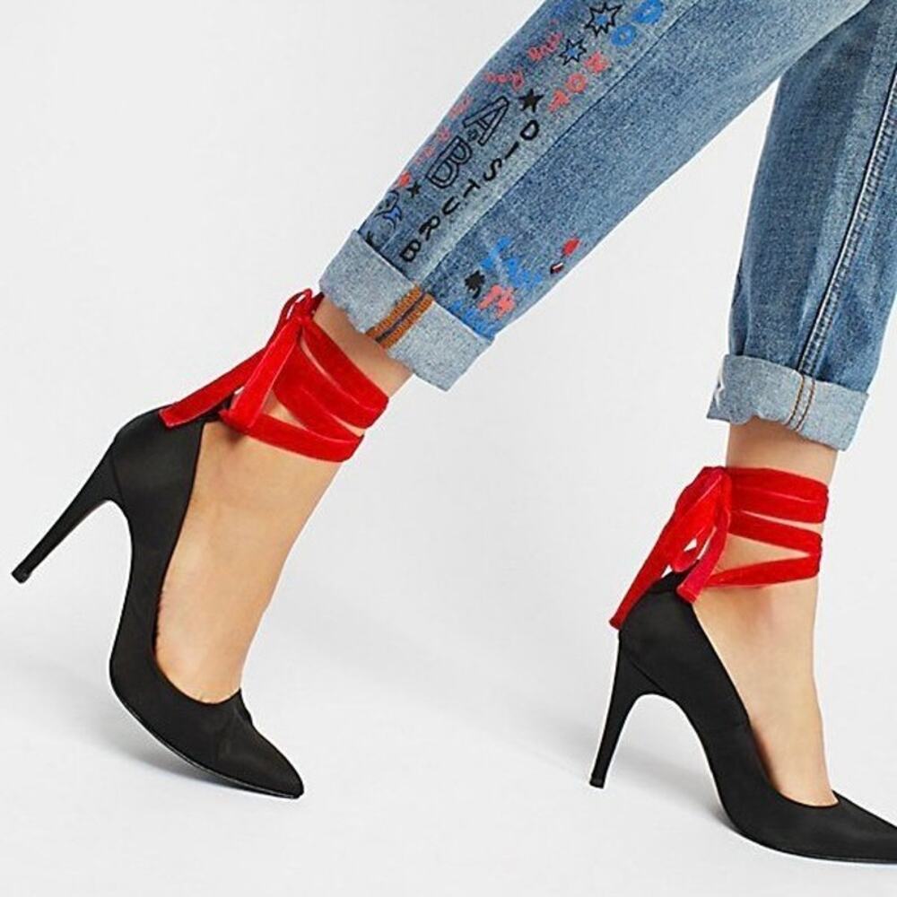Jeffrey Campbell x Free People Asher Heels Black Satin Red Ribbon Tie Size 6